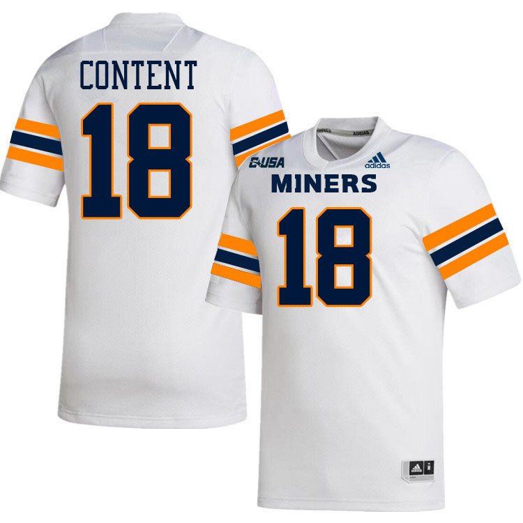 #18 Justin Content UTEP Jersey,UTEP Miners College Football Jersey,Uniforms-White
